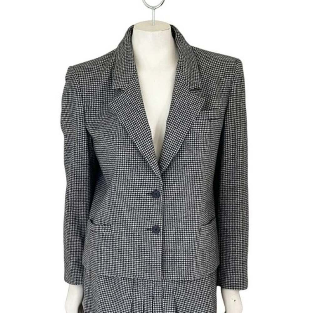 VTG 80s SAVILLE Wool Blend Houndstooth Suit Jacket Black & White SZ 10